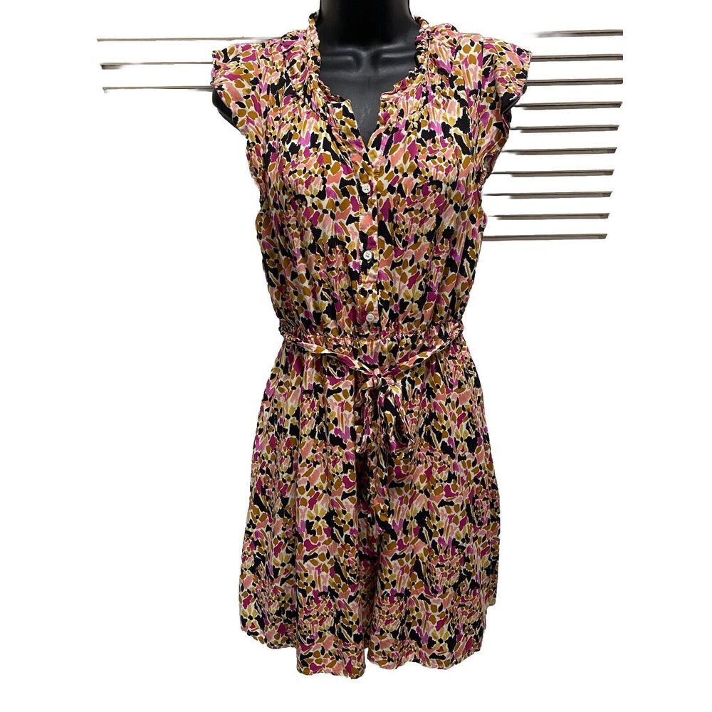 Collective Concepts Mustard Pink White Abstract Ruffle Cap Sleeve Dress ‎ Size S